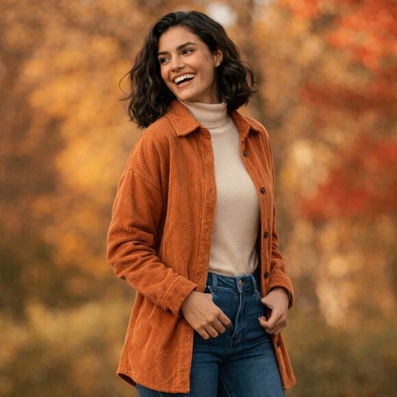 Caramel Corduroy Shacket Button Down Shirt Jacket Medium Rust Boho Fall Layering - Picture 16 of 16